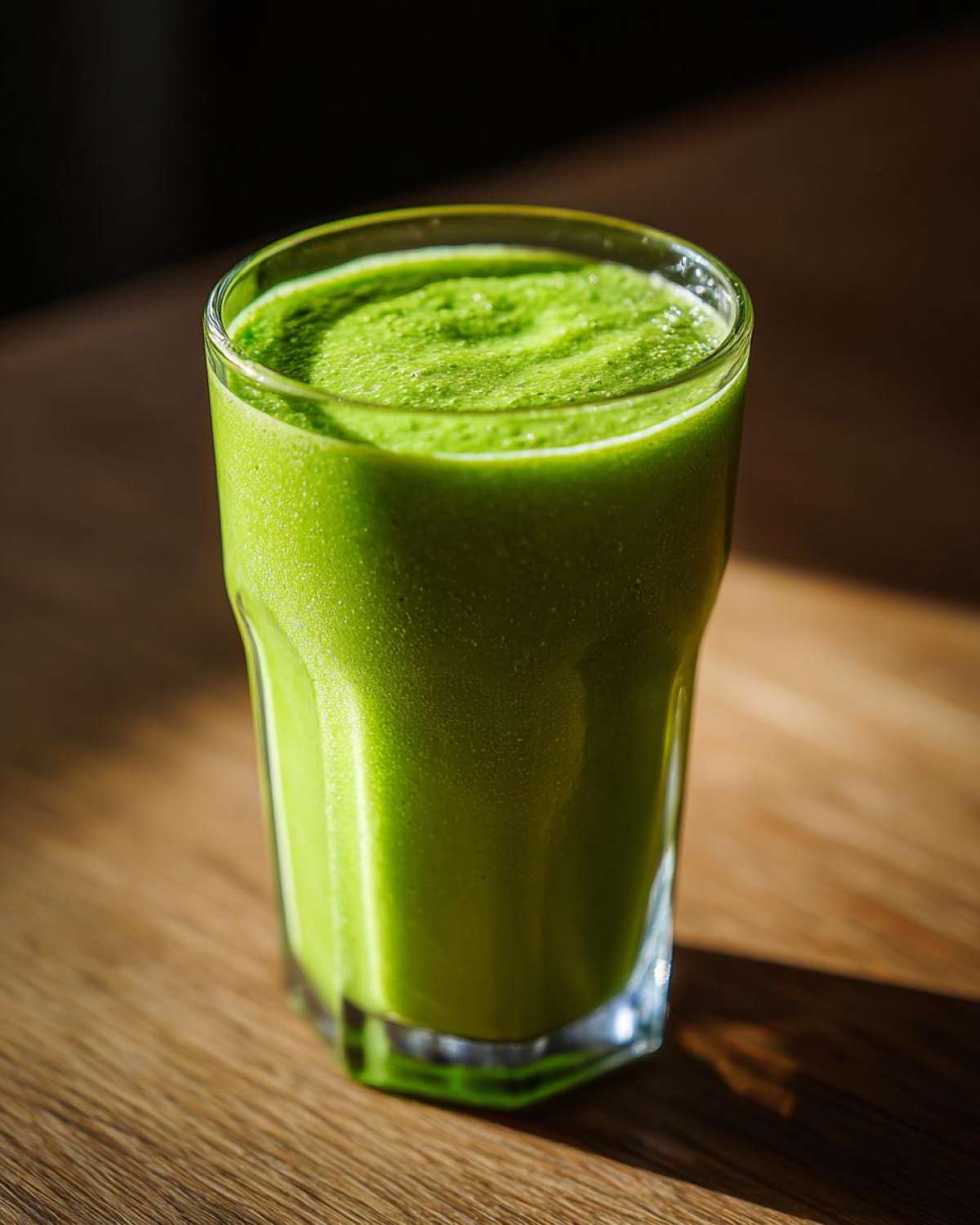 Szklanka świeżego koktajlu szpinakowo-bananowego na drewnianym stole. Zdrowy i orzeźwiający napój.