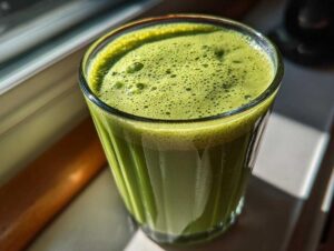 Zdjęcie z bliska szklanki zielonego koktajlu szpinakowo-bananowego z bąbelkami.