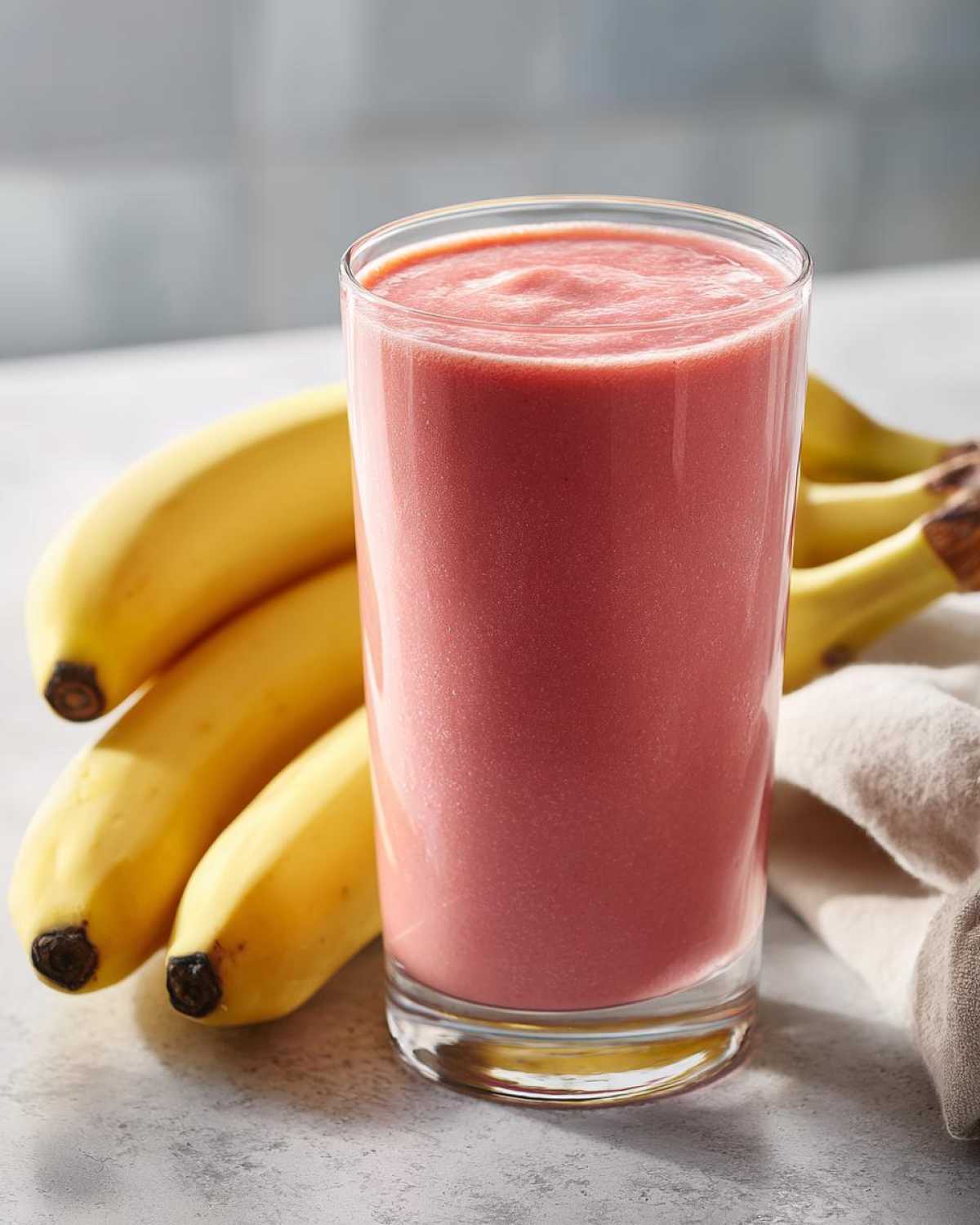 Szklanka koktajlu truskawkowo-bananowego obok świeżych bananów. Idealny Koktajl truskawkowo-bananowy.