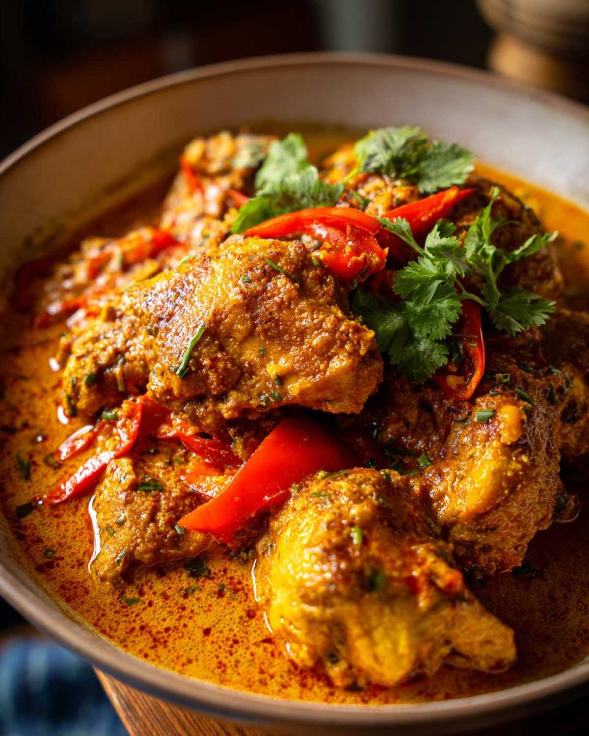 Zdjęcie zbliżeniowe Kurczak curry z mlekiem kokosowym, udekorowanego czerwoną papryką i kolendrą.