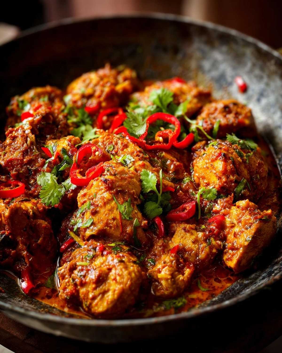 Apetyczne Kurczak curry z mlekiem kokosowym, udekorowane kolendrą i papryczką chili.