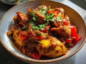 Zdjęcie z bliska kurczaka curry z mlekiem kokosowym w misce, udekorowanego świeżą kolendrą i czerwoną papryką.