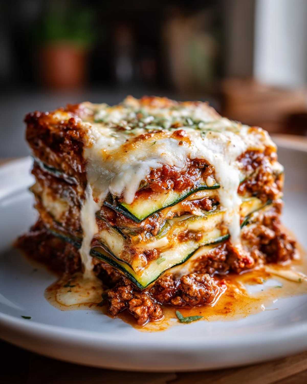 Kawałek lasagne z cukinii z warstwami cukinii, mięsa i sera, podany na talerzu.