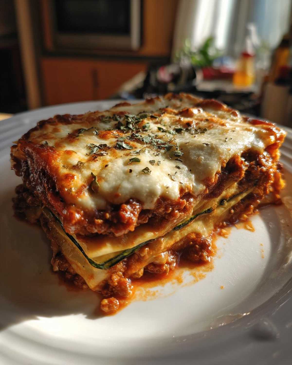 Kawałek lasagne z cukinii na białym talerzu, z widocznymi warstwami cukinii, sosu i sera.