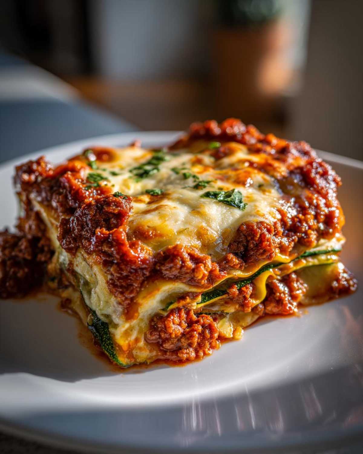 Zdjęcie kawałka lasagne z cukinii, z widocznymi warstwami cukinii, mięsa i sera.