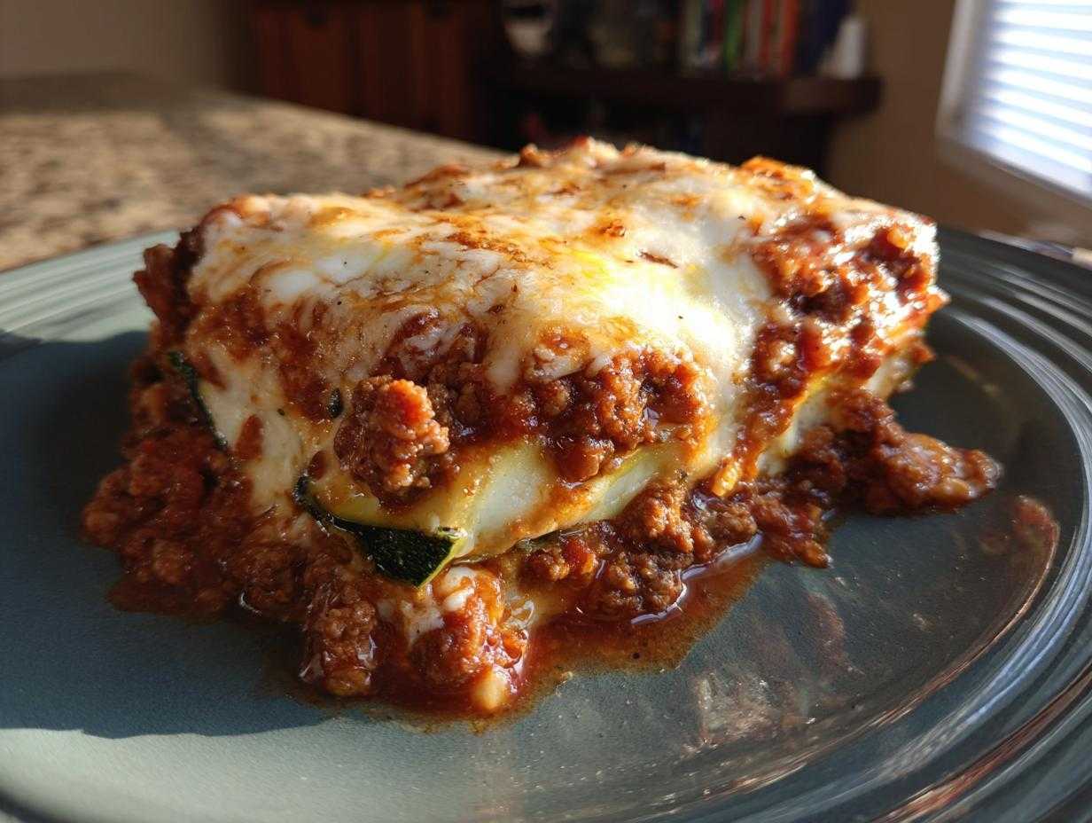Kawałek lasagne z cukinii z sosem mięsnym i serem, podany na talerzu. Pyszna Lasagne z cukinii.