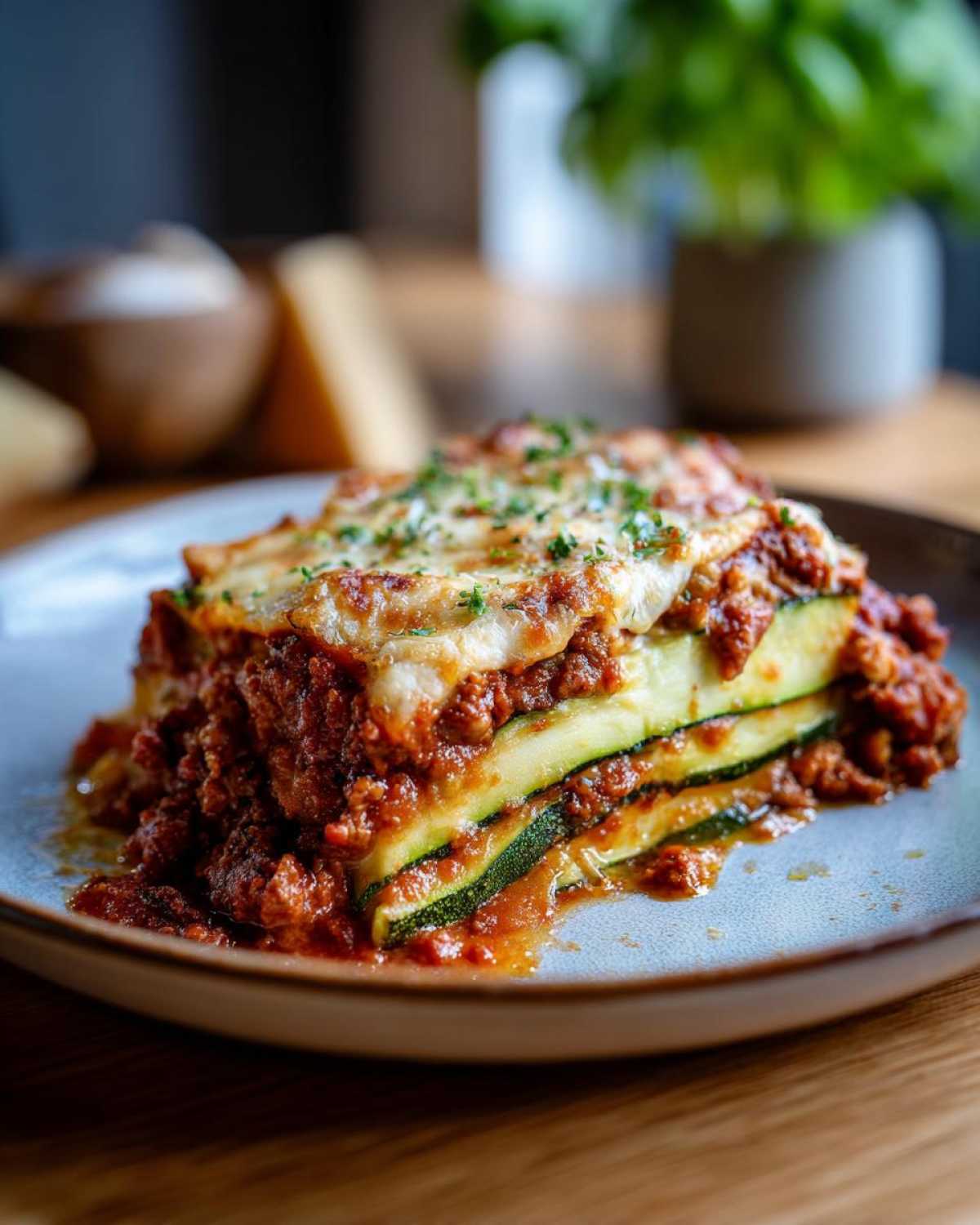 Kawałek lasagne z cukinii na talerzu, z warstwami cukinii, mięsa i sera. Pyszna Lasagne z cukinii.