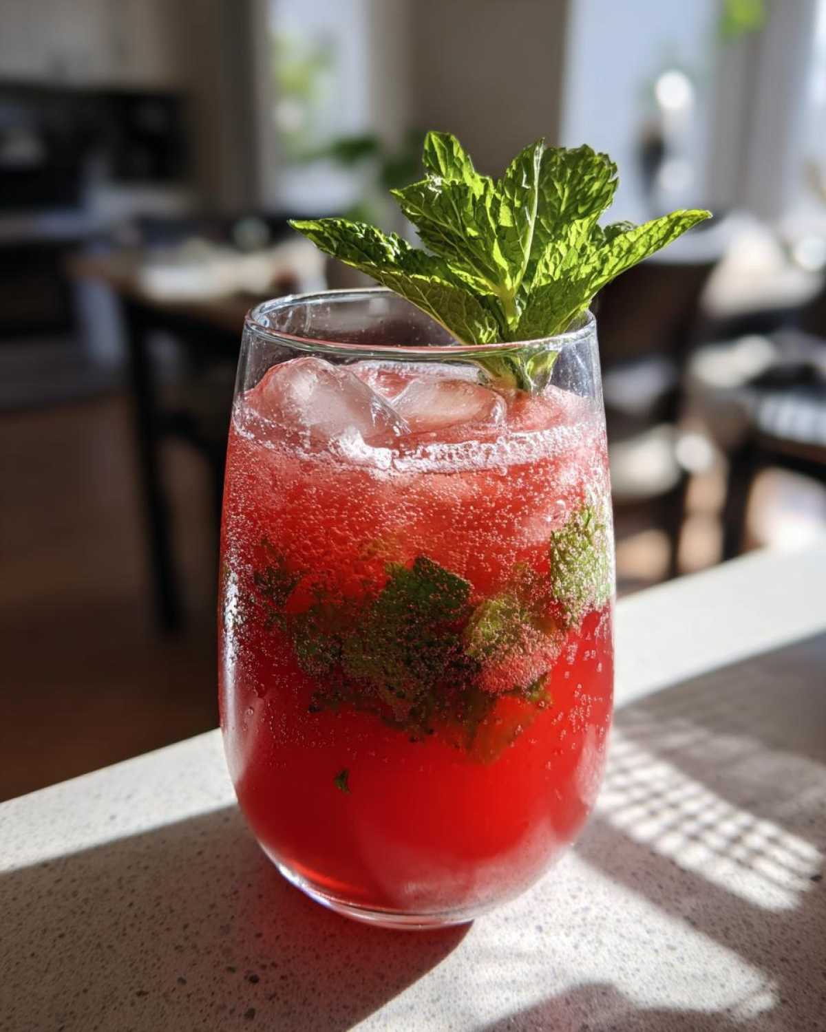 Szklanka lemoniady arbuzowej z lodem i miętą. Idealny napój na lato.