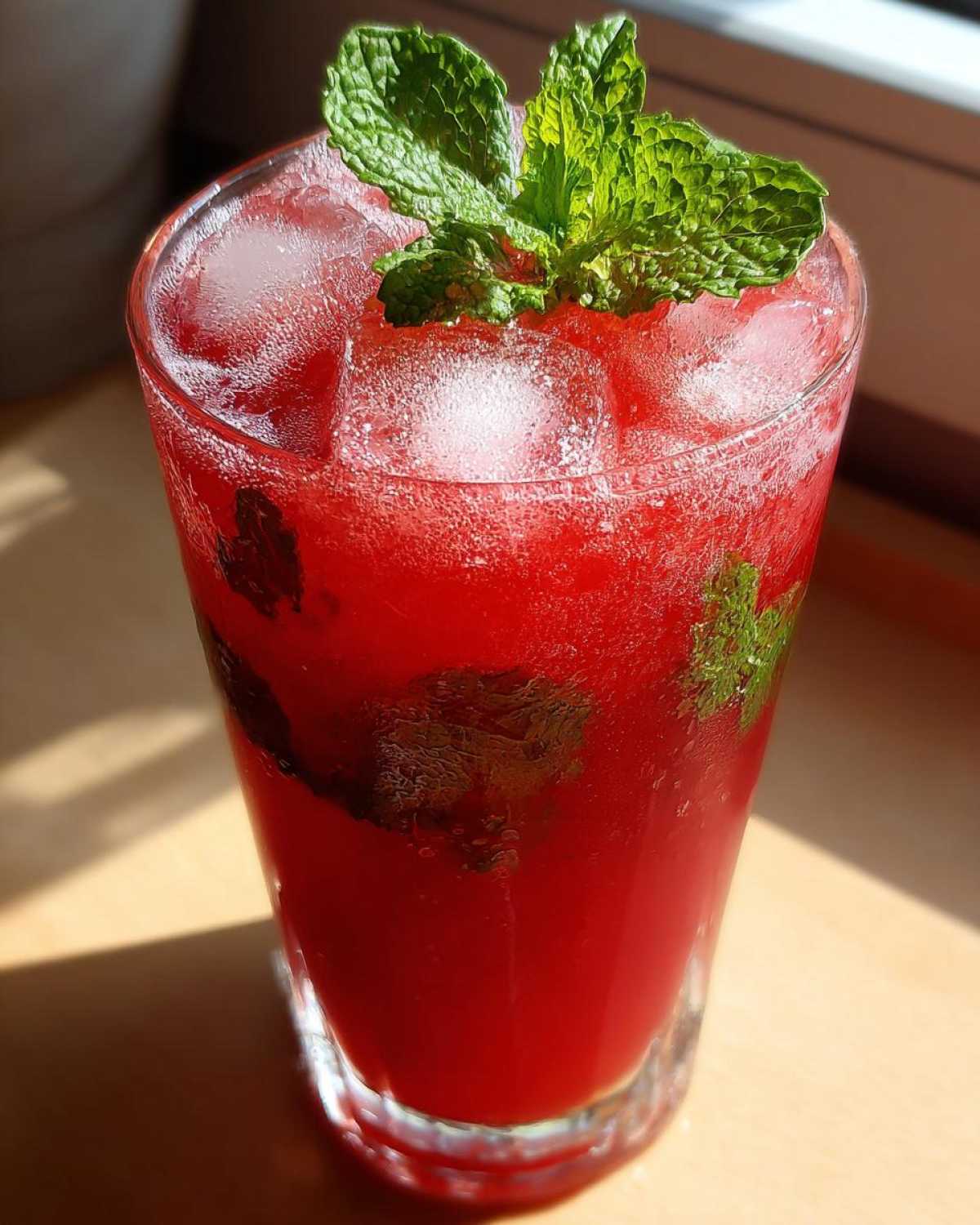 Szklanka lemoniady arbuzowej z lodem i miętą. Idealny napój na lato. Lemoniada arbuzowa.