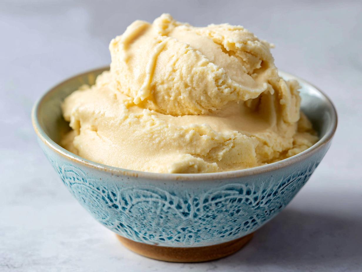 Domowe lody bananowe fit w niebieskiej miseczce. Zdrowy deser bananowy.