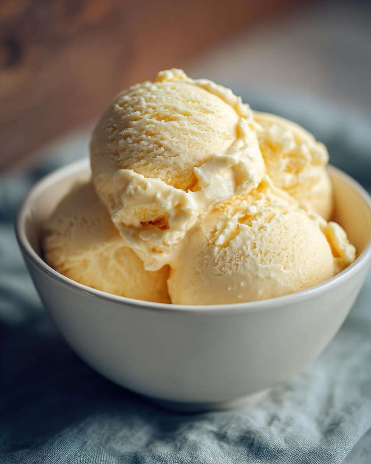 Zdjęcie przedstawia lody bananowe fit w białej miseczce na niebieskim tle.