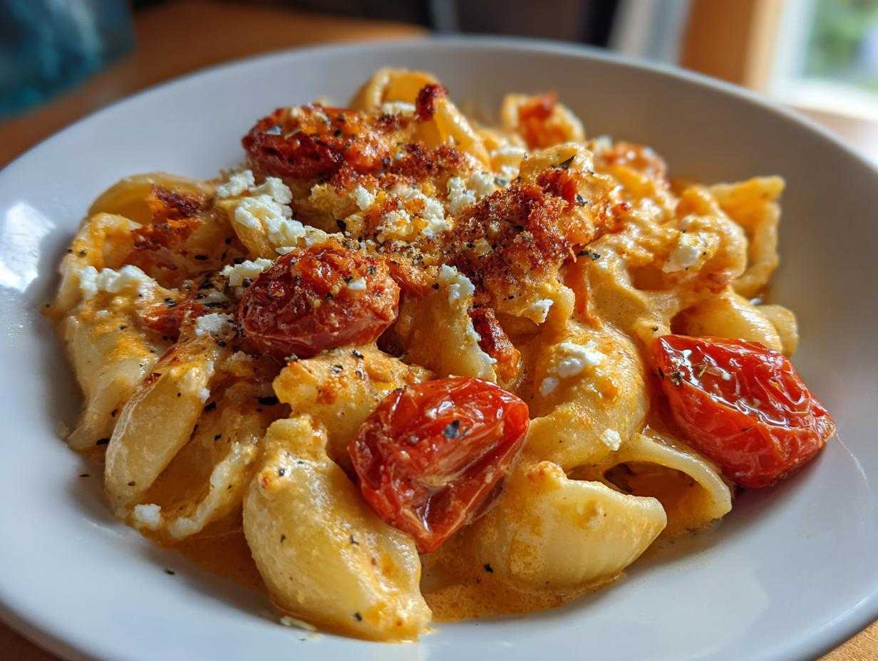 Zbliżenie na talerz z makaronem z fetą i pieczonymi pomidorkami koktajlowymi, danie polane kremowym sosem.