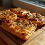 Zdjęcie przedstawia mini pizze z ciasta francuskiego, z serem i ziołami, ułożone na drewnianej desce.