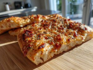 Zbliżenie na mini pizze z ciasta francuskiego, posypane ziołami i serem, leżące na drewnianej desce.