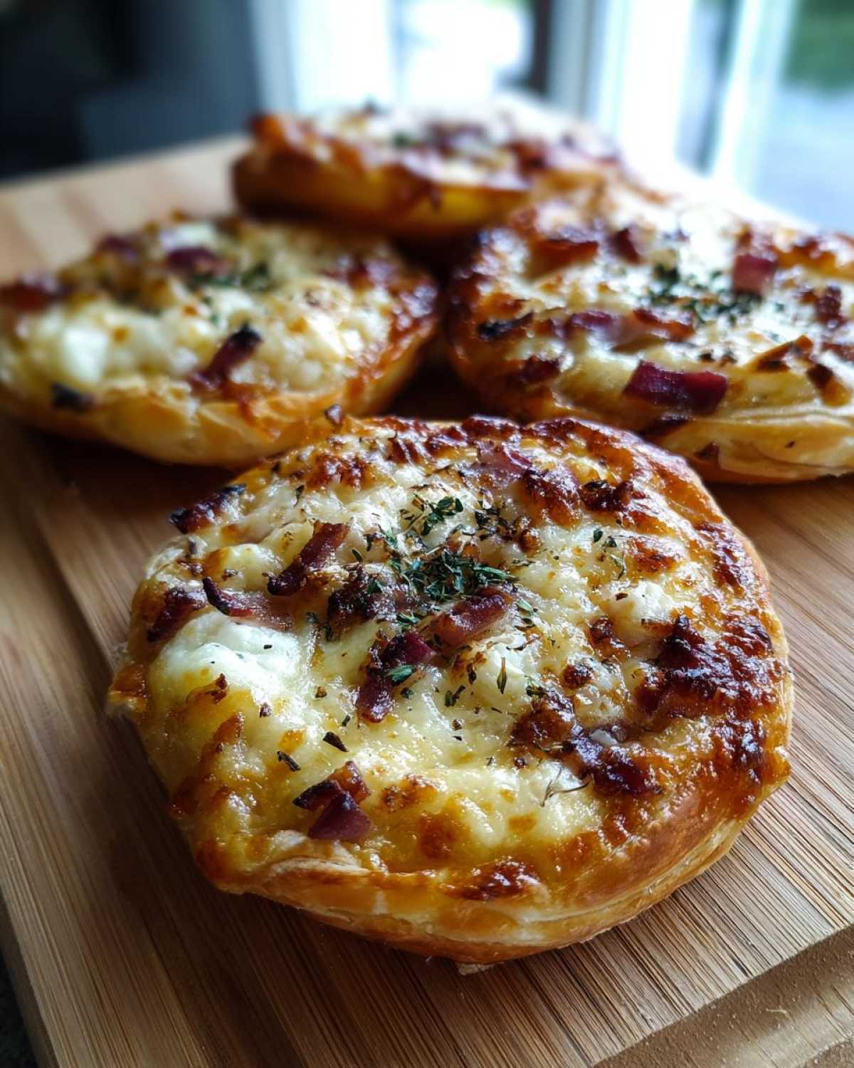 Zbliżenie na mini pizze z ciasta francuskiego z serem, boczkiem i ziołami na drewnianej desce.