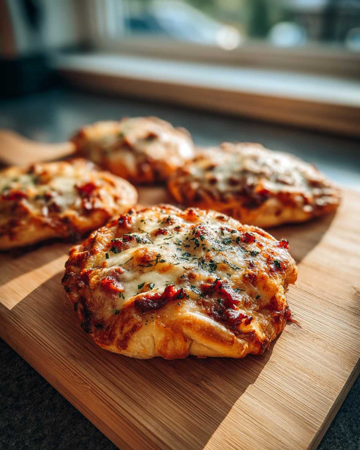 Zdjęcie przedstawia mini pizze z ciasta francuskiego ułożone na drewnianej desce. Widoczne ciasto, ser i sos.