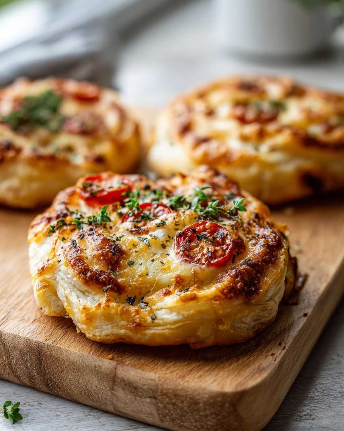 Trzy mini pizze z ciasta francuskiego z pomidorami i ziołami na drewnianej desce.