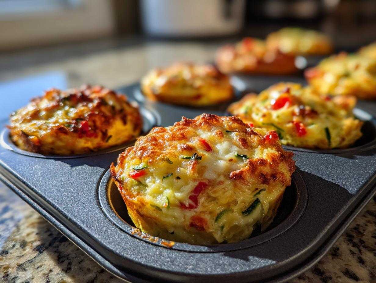 Zbliżenie na złociste muffinki jajeczne z warzywami, idealne do lunchboxa.