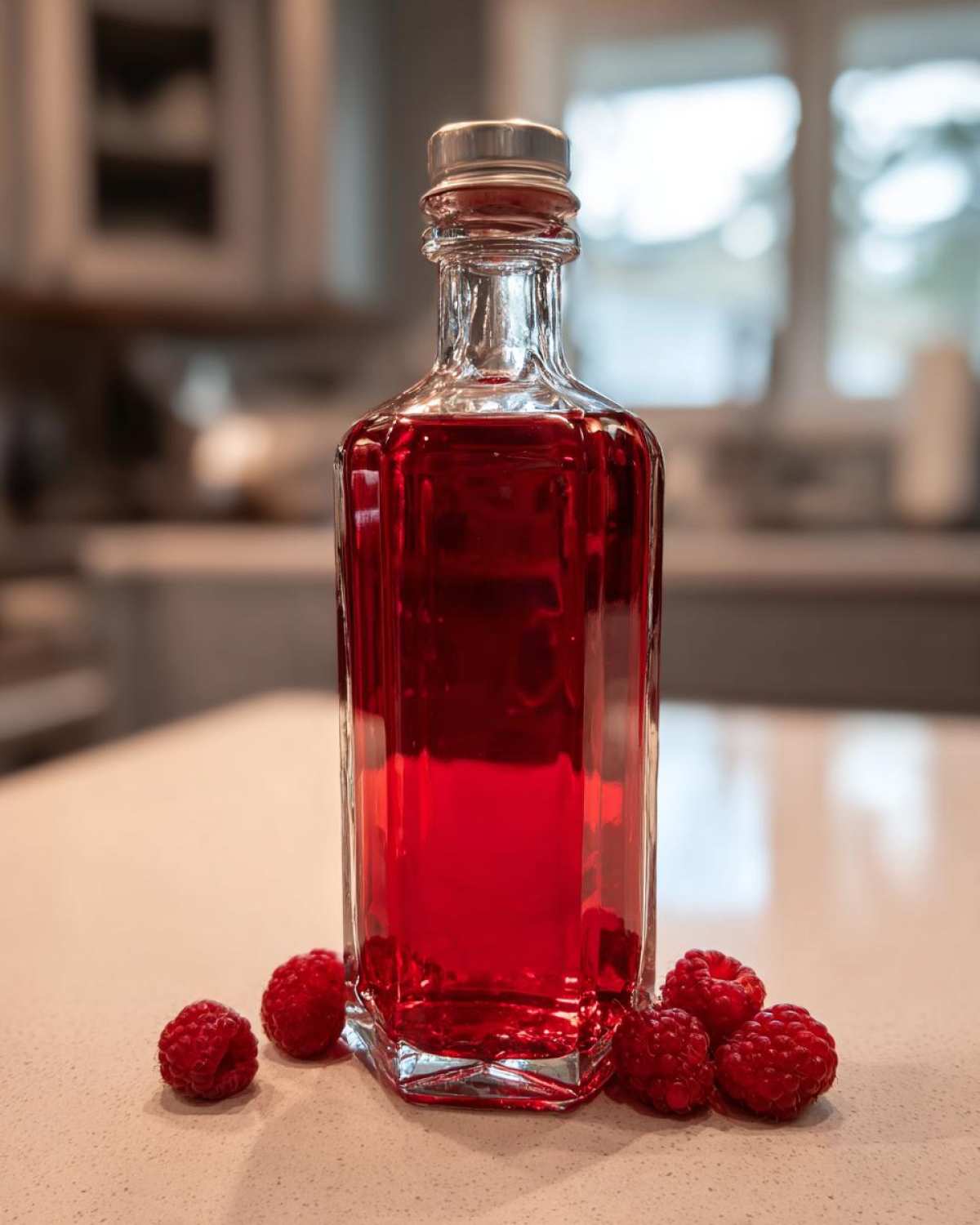 Butelka nalewki malinowej otoczona świeżymi malinami na blacie kuchennym.