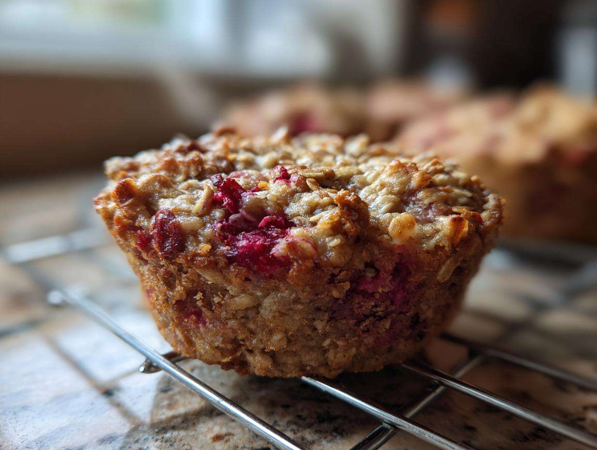 Zdjęcie owsianki pieczonej z owocami, na metalowej kratce.