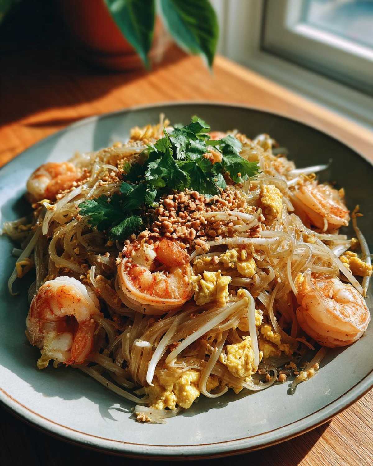 Zdjęcie Pad Thai z krewetkami, orzechami i kiełkami fasoli na talerzu. Danie gotowe do spożycia.