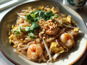 Zdjęcie Pad Thai z krewetkami, jajkiem, orzechami i kolendrą. Gotowy do spożycia.