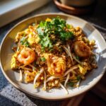 Zdjęcie z góry Pad Thai z krewetkami, orzechami i świeżą kolendrą.