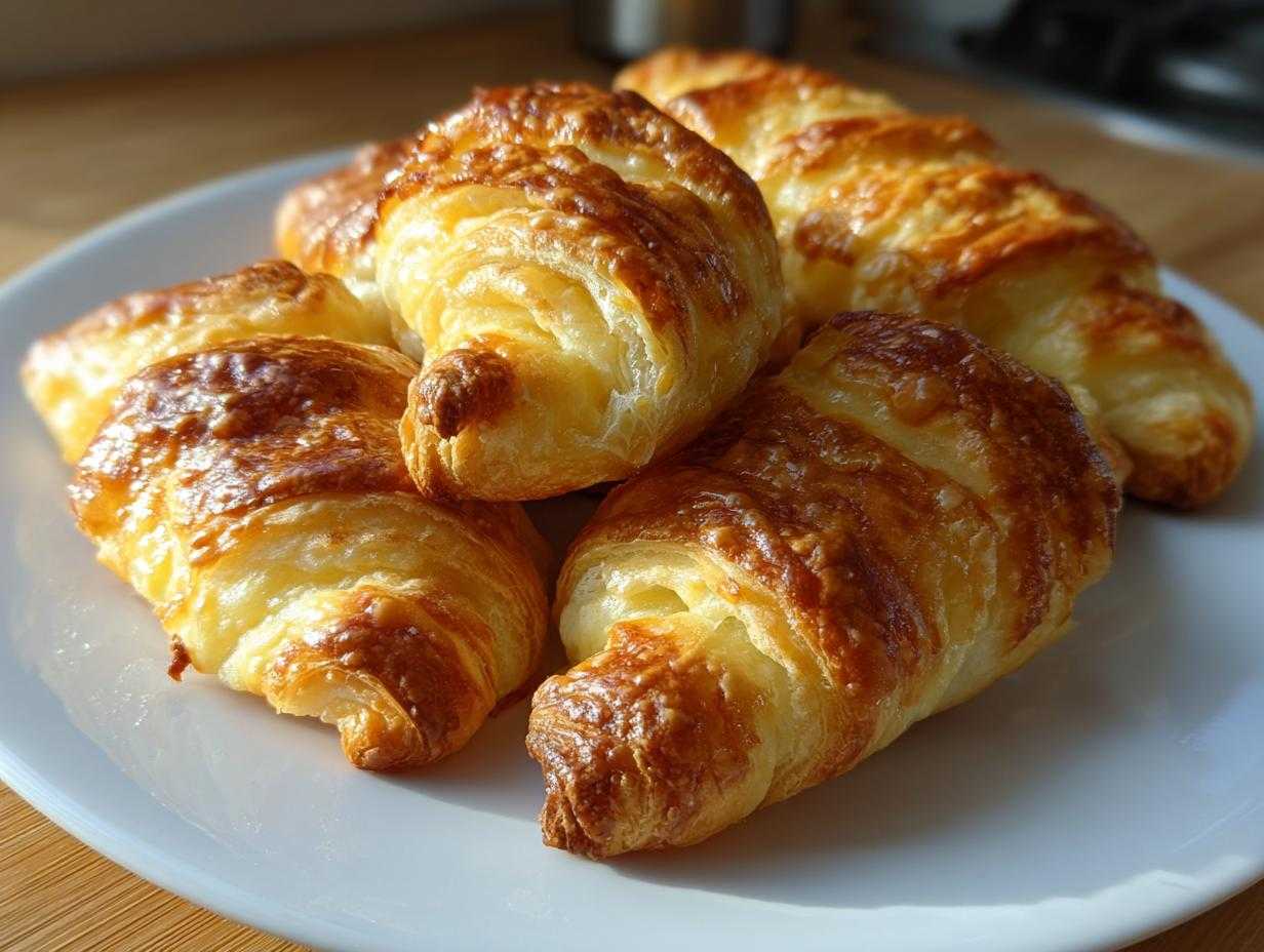 Zdjęcie przedstawia paluchy serowe z ciasta francuskiego na białym talerzu, o złocistej i chrupiącej skórce.
