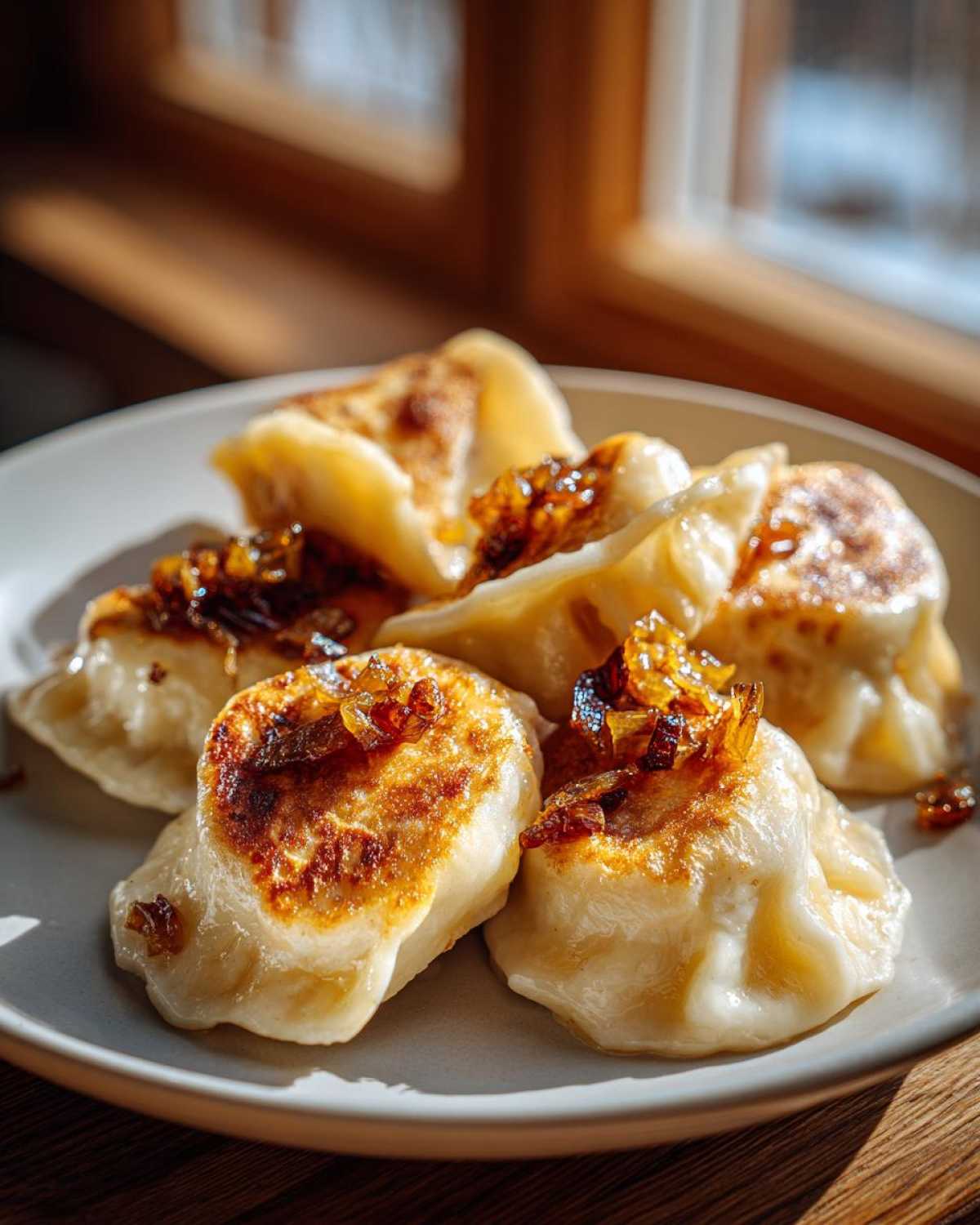 Zbliżenie na talerz z pierogami ruskimi tradycyjnymi, polanymi skarmelizowaną cebulką.
