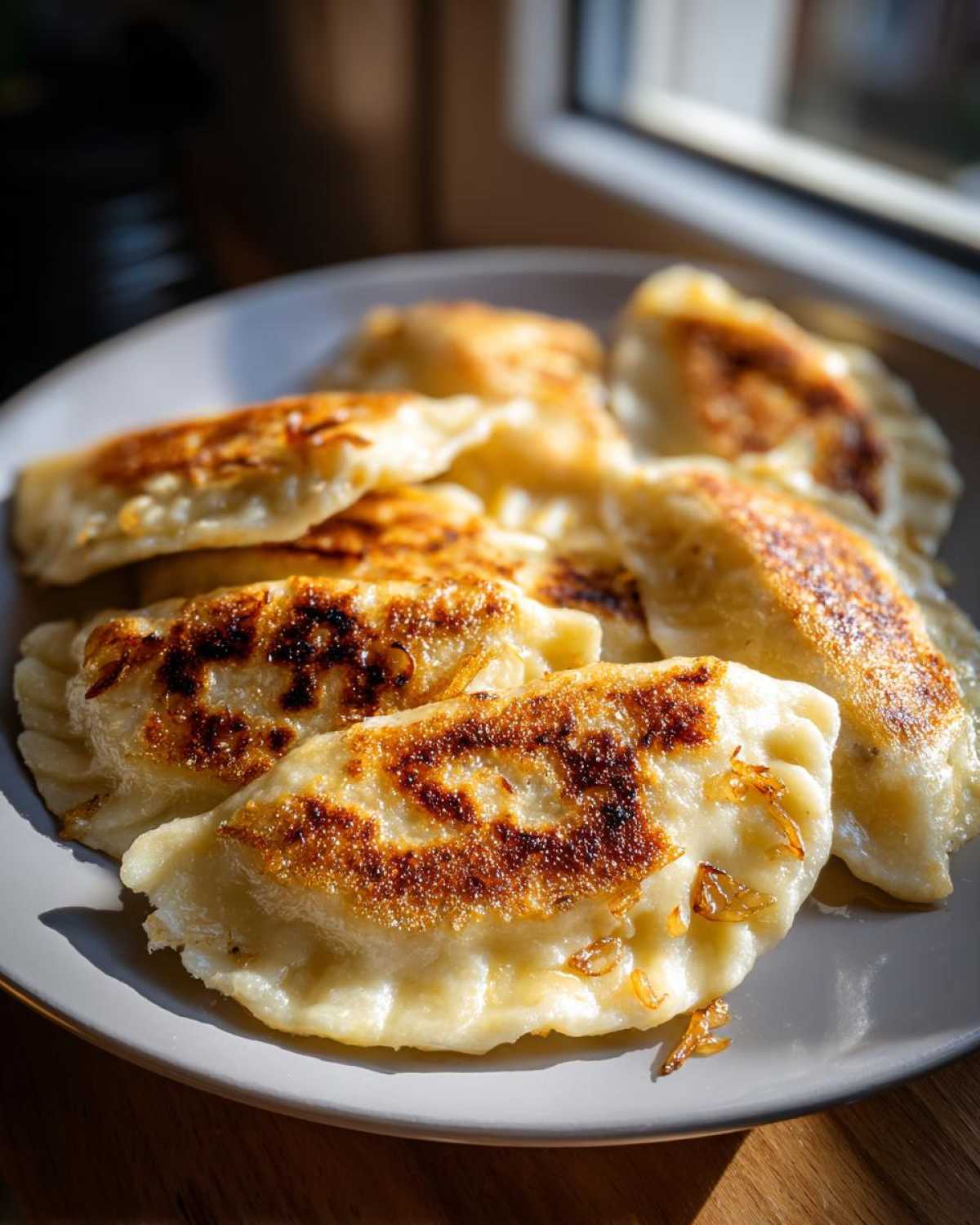 Zbliżenie na talerz pełen tradycyjnych pierogów ruskich, lekko zrumienionych na patelni, z dodatkiem cebulki.