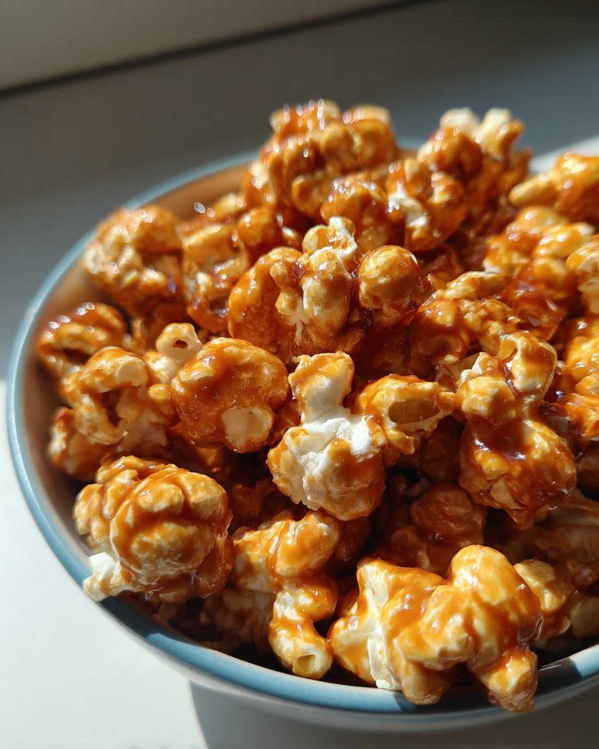 Zdjęcie z bliska popcornu karmelowego w niebieskiej miseczce. Idealny przysmak na wieczór filmowy. Popcorn karmelowy.