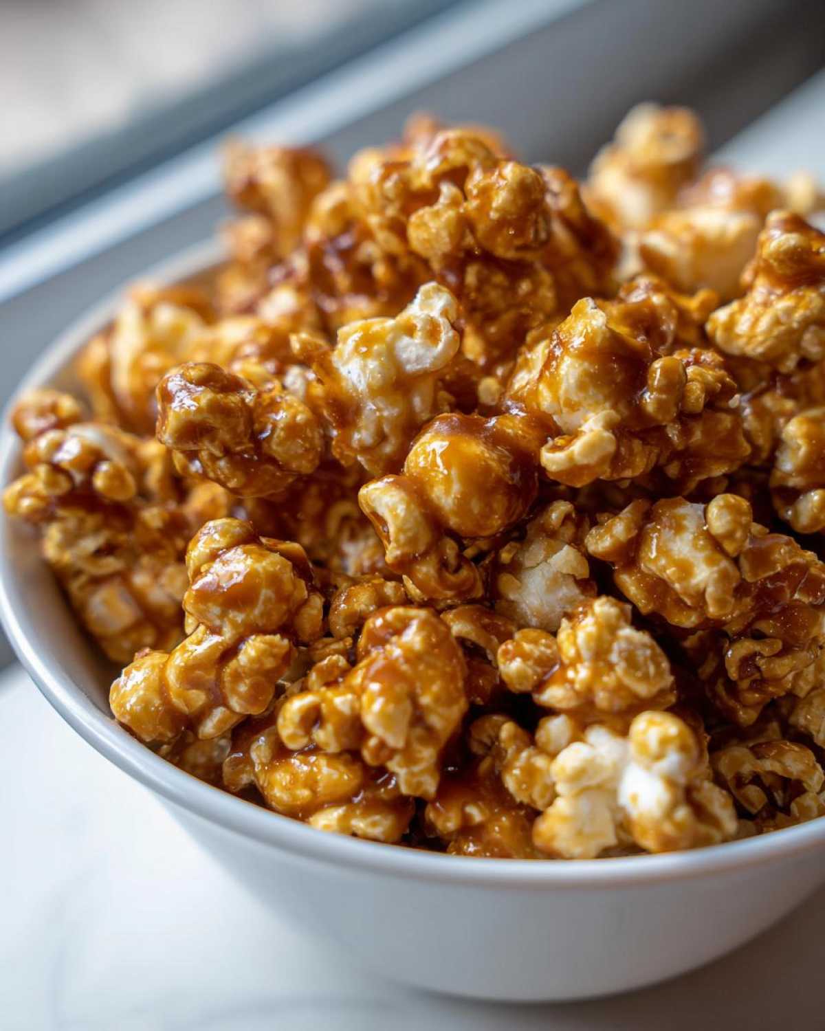 Zdjęcie z bliska popcornu karmelowego w białej misce. Idealny popcorn karmelowy do chrupania.