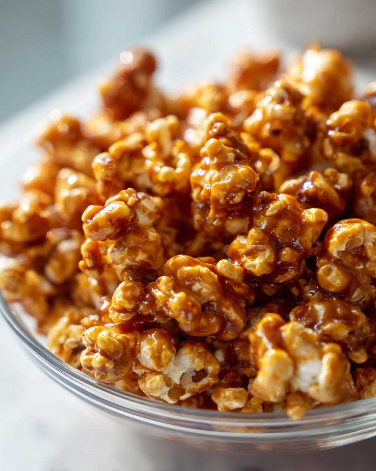 Zdjęcie z bliska popcornu karmelowego w szklanej misce. Idealny przysmak na wieczór filmowy. Popcorn karmelowy.