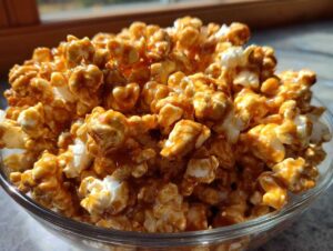 Zdjęcie z bliska popcornu karmelowego w szklanej misce, idealny przysmak.