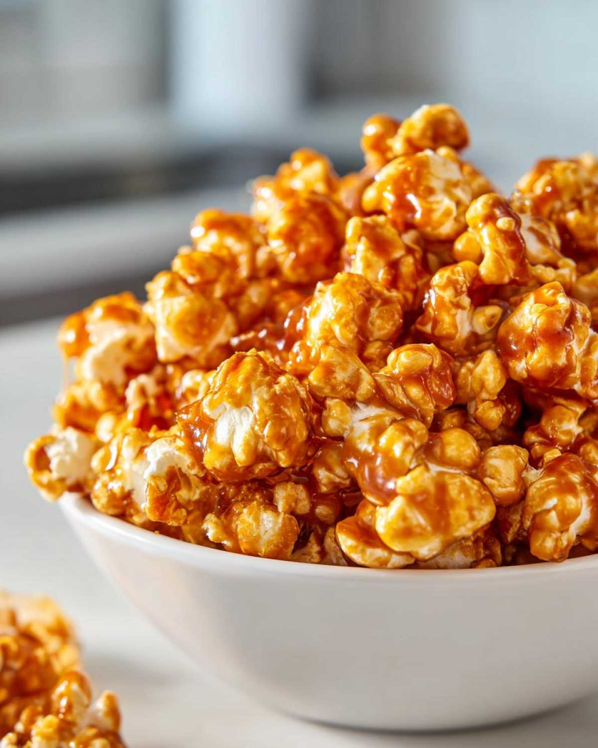 Zdjęcie z bliska popcornu karmelowego w białej misce, oblany słodkim karmelem.