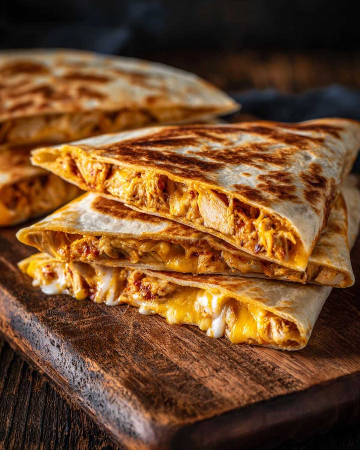 Zdjęcie quesadilla z kurczakiem ułożonych na drewnianej desce. Widoczne kurczak i ser.