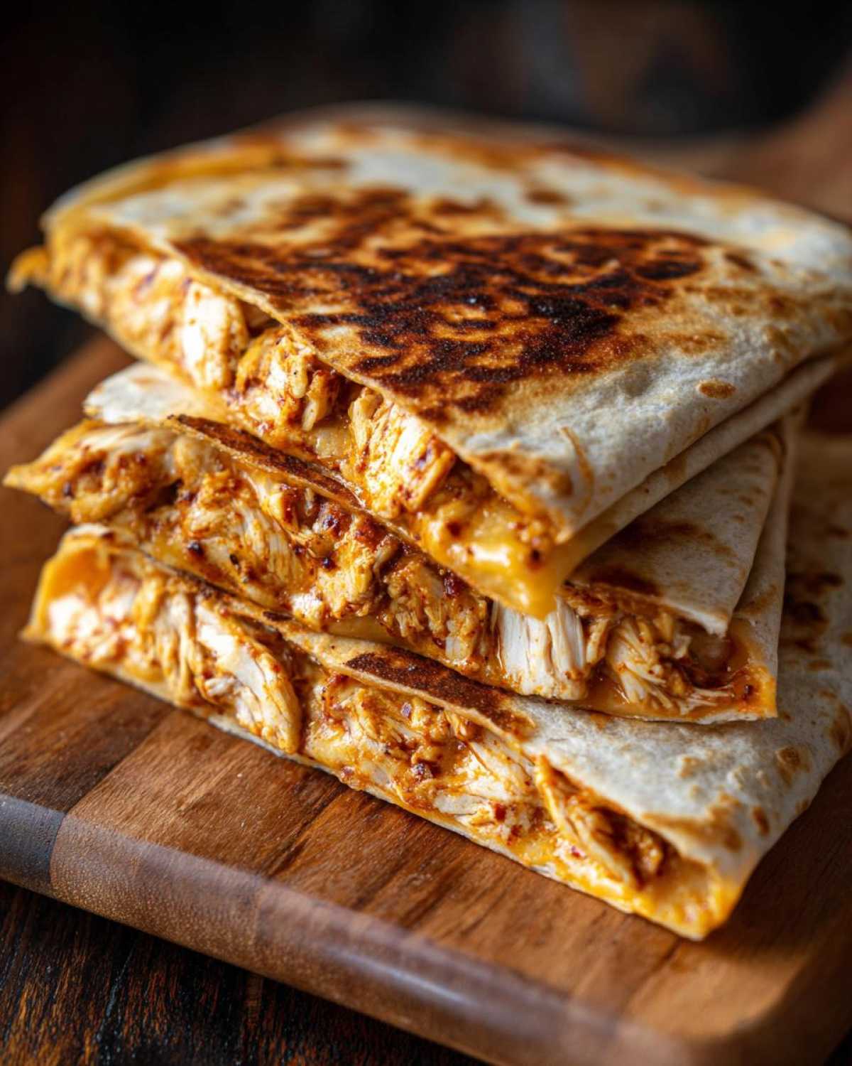 Stos quesadilli z kurczakiem na drewnianej desce. Pyszny przepis na quesadilla z kurczakiem.