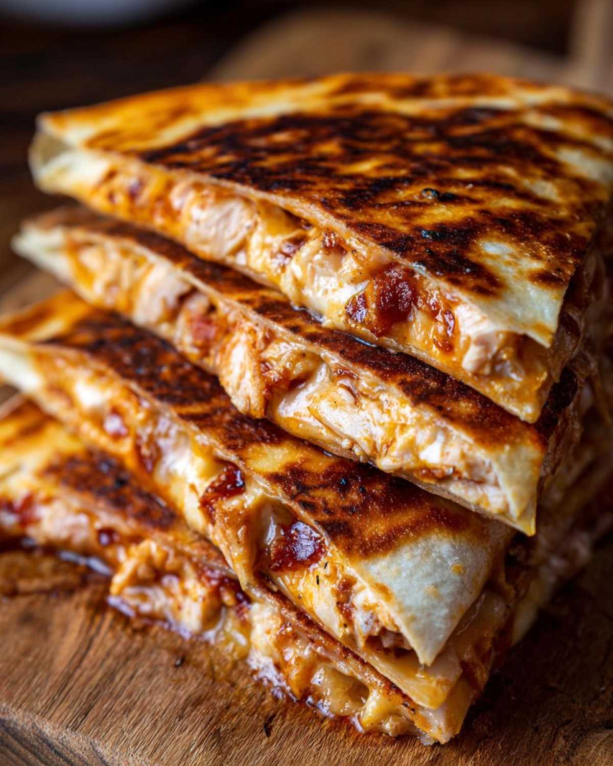 Stos apetycznych kawałków quesadilla z kurczakiem na drewnianej desce. Widoczne nadzienie z kurczaka i sera.