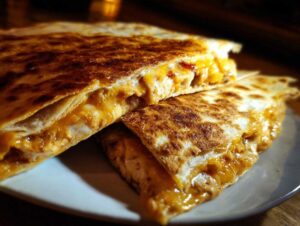 Zdjęcie quesadilla z kurczakiem z bliska, z widocznym serem i kurczakiem w tortilli.