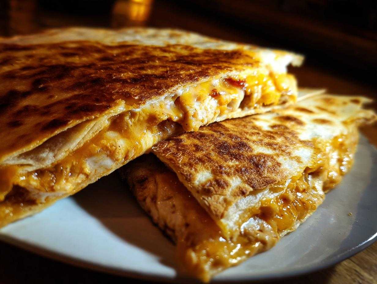 Zdjęcie quesadilla z kurczakiem z bliska, z widocznym serem i kurczakiem w tortilli.