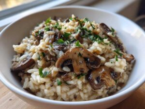 Zbliżenie na kremowe risotto z grzybami leśnymi, udekorowane posiekaną natką pietruszki.