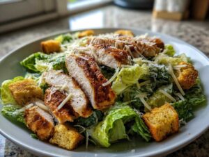 Zdjęcie Sałatki Cezar z grillowanym kurczakiem, grzankami i parmezanem.