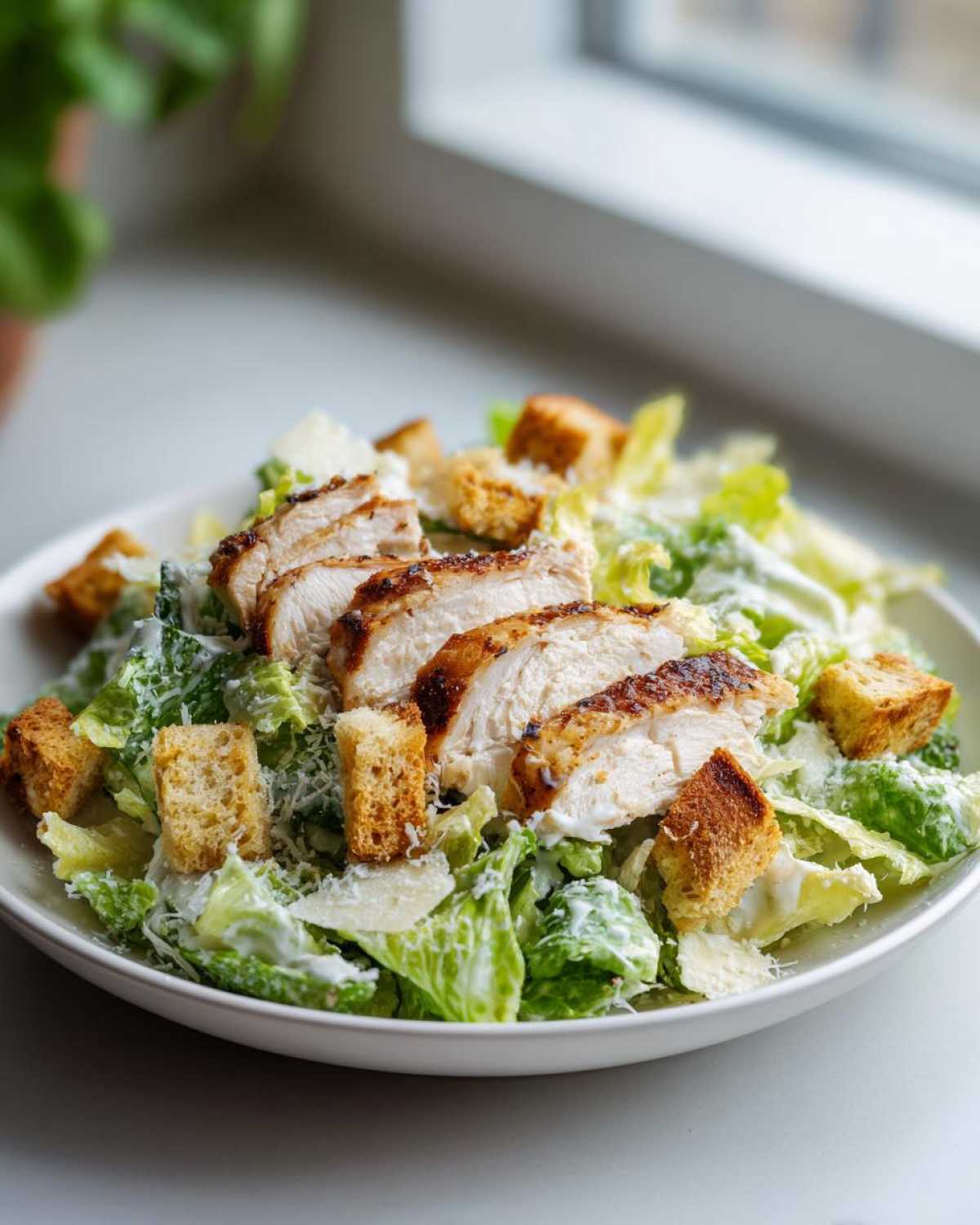 Zdjęcie Sałatki Cezar z grillowanym kurczakiem, grzankami i parmezanem.