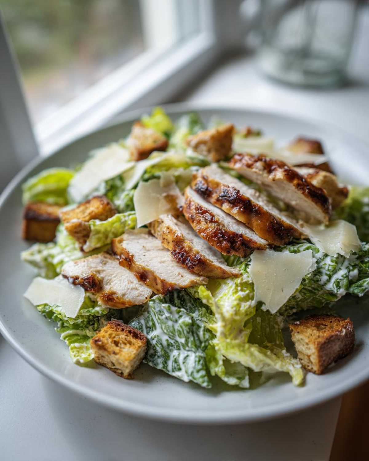 Zdjęcie Sałatki Cezar z grillowanym kurczakiem, grzankami i parmezanem.