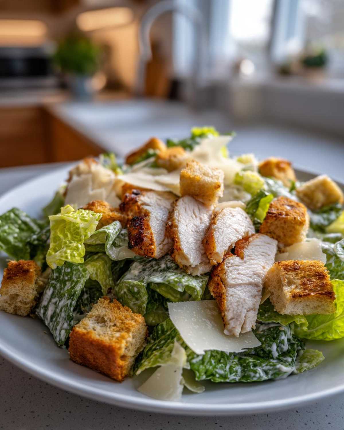 Zdjęcie zbliżeniowe Sałatki Cezar z grillowanym kurczakiem, grzankami i parmezanem.
