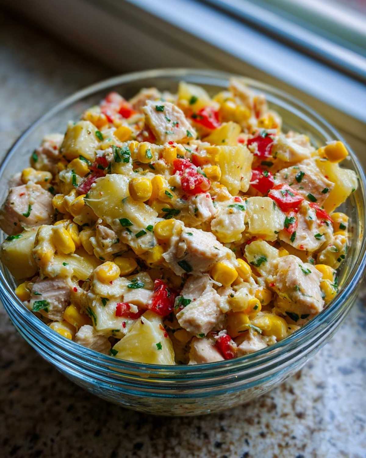 Szczegółowe zdjęcie sałatki z kurczakiem i ananasem w szklanej misce. Widoczne kurczak, ananas, kukurydza i papryka.