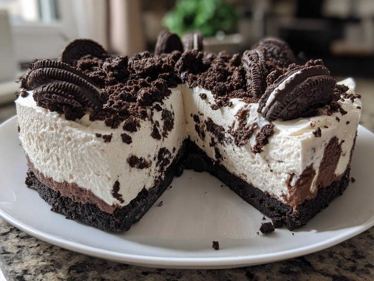 Pokrojony Sernik Oreo bez pieczenia z kremową masą i ciasteczkami Oreo na wierzchu.