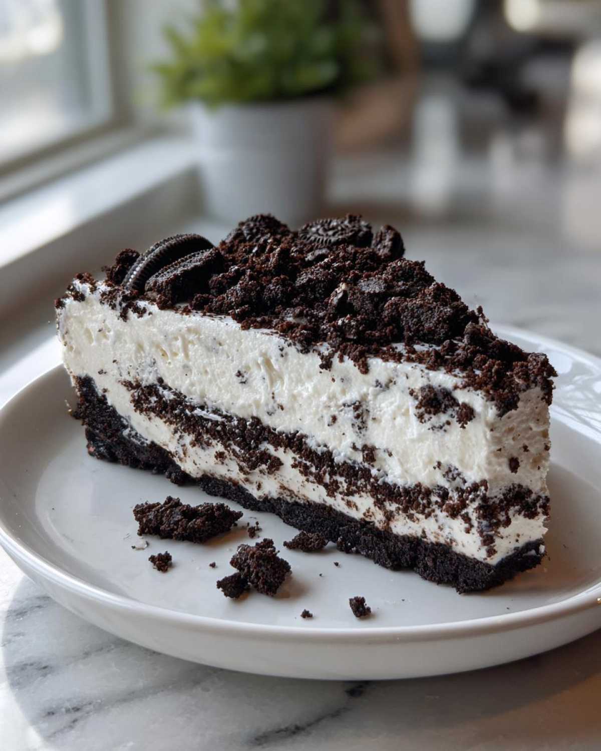 Kawałek sernika Oreo bez pieczenia na talerzu, z pokruszonymi ciasteczkami Oreo na wierzchu i w środku.