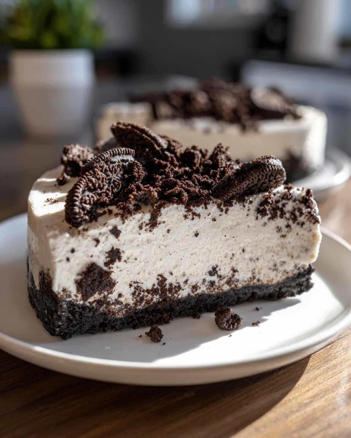 Kawałek sernika Oreo bez pieczenia udekorowany pokruszonymi ciasteczkami Oreo na białym talerzu.