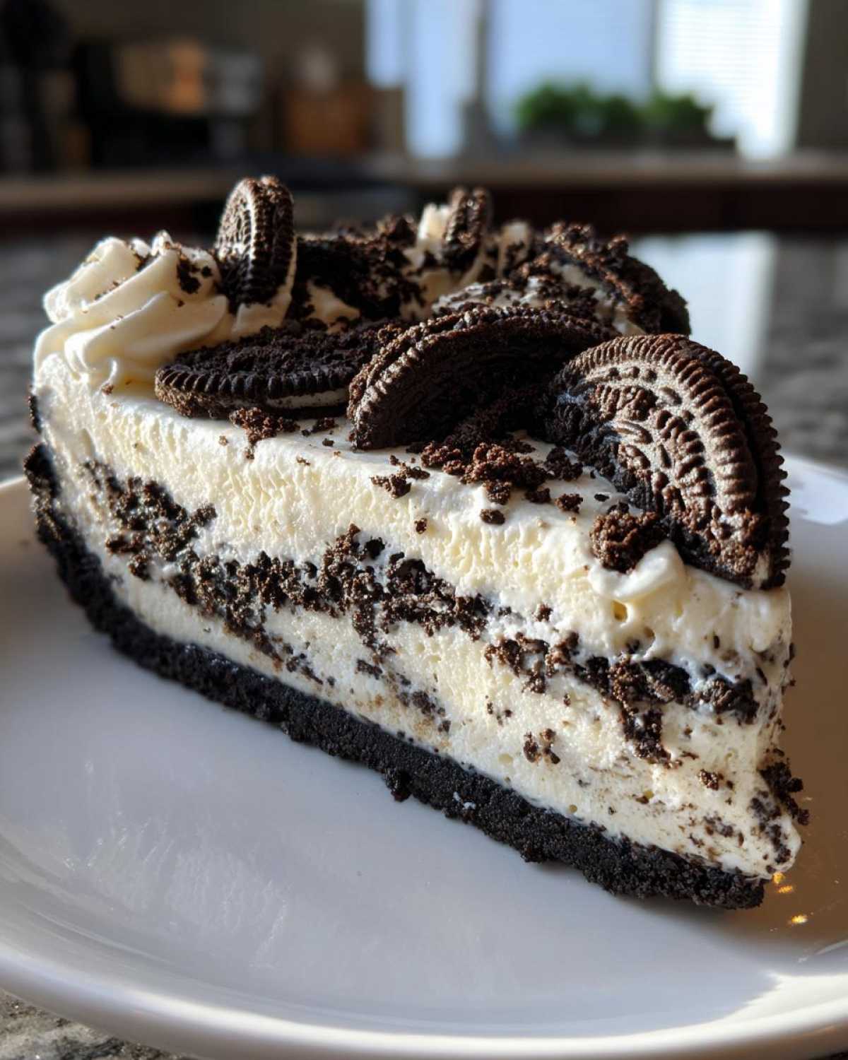 Kawałek sernika Oreo bez pieczenia z kremem i ciasteczkami Oreo na białym talerzu.